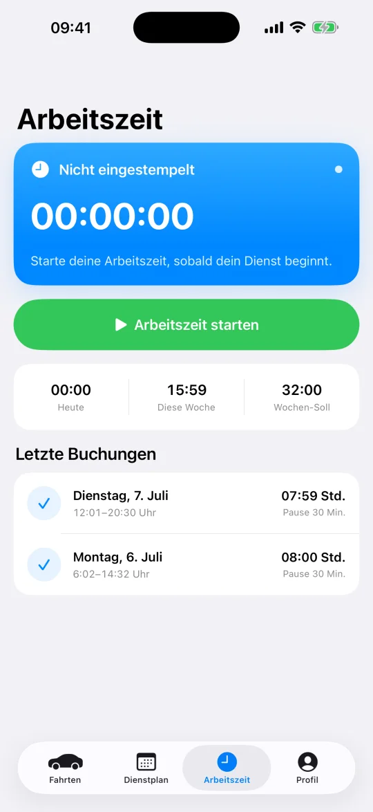 Arbeitszeiterfassung in der Flagfall Fahrer-App mit Stempeluhr, Wochenstand und letzten Buchungen