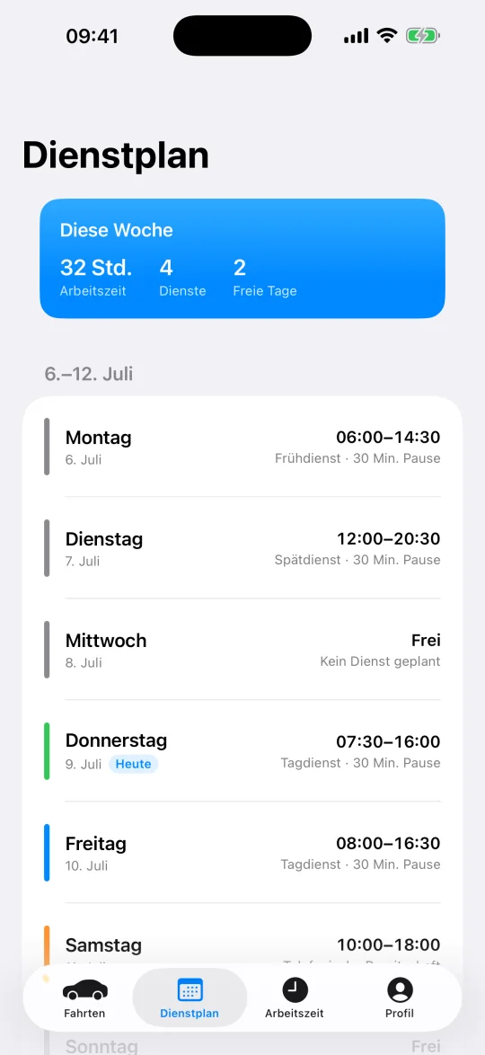 Wochendienstplan in der Flagfall Fahrer-App mit Arbeitszeit, Dienstarten und freien Tagen