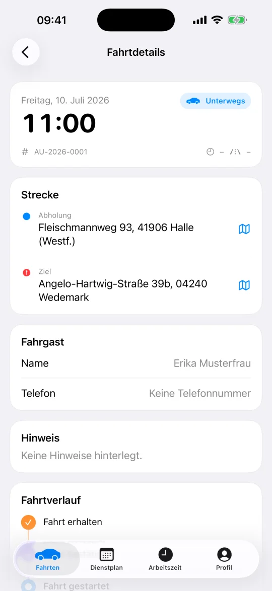 Fahrtdetails in der Flagfall Fahrer-App mit Strecke, Fahrgastdaten, Hinweisfeld und Fahrtverlauf