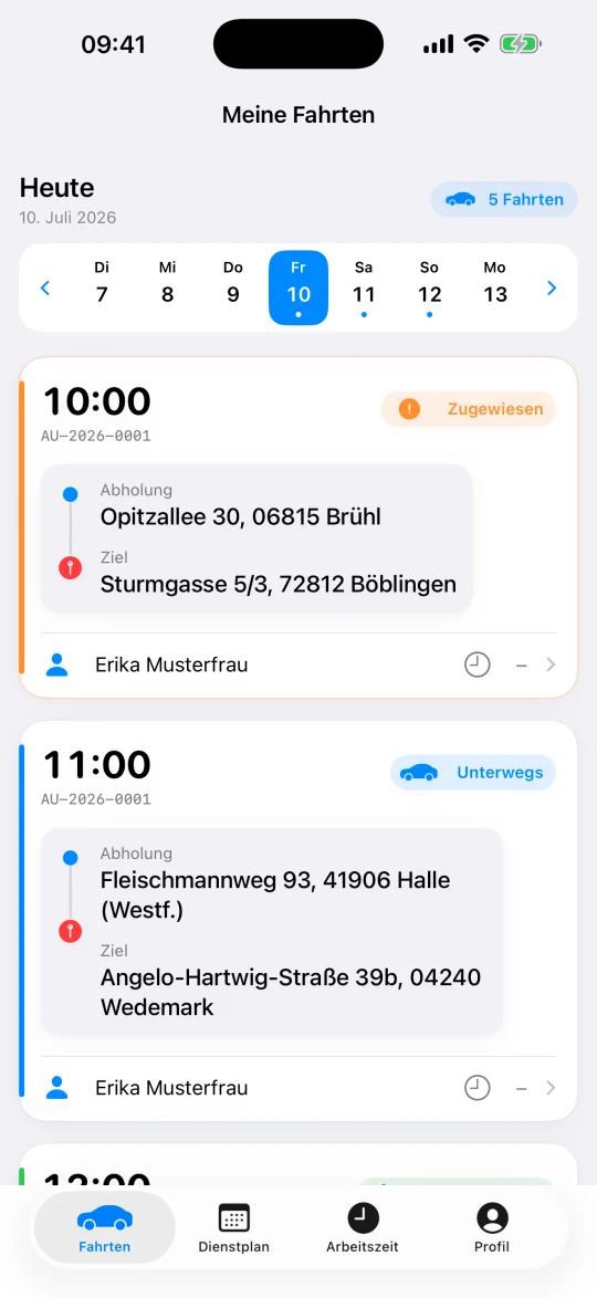 Fahrtenliste der Flagfall Fahrer-App mit Tagesleiste, Abholzeiten, Adressen und Status je Fahrt